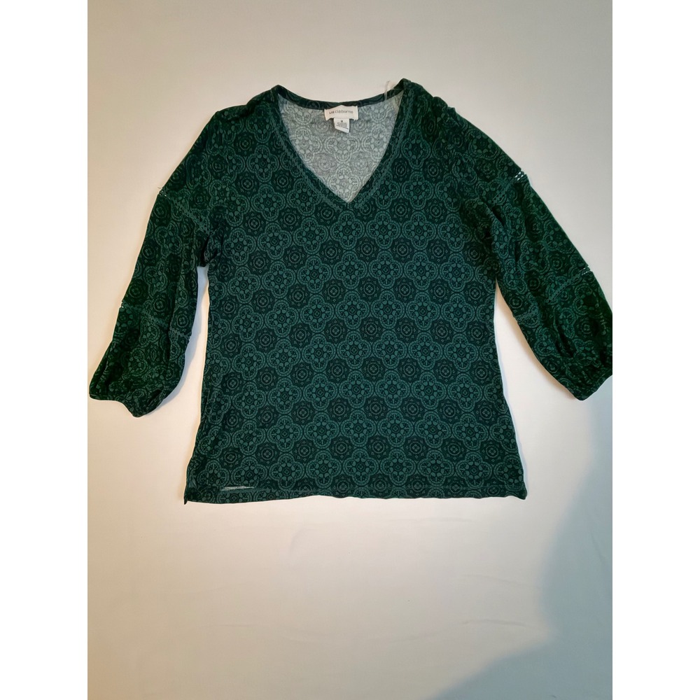 Liz Claiborne Womens Teal Medallion Print V-Neck 3/4 Sleeve Crochet Trim Top M